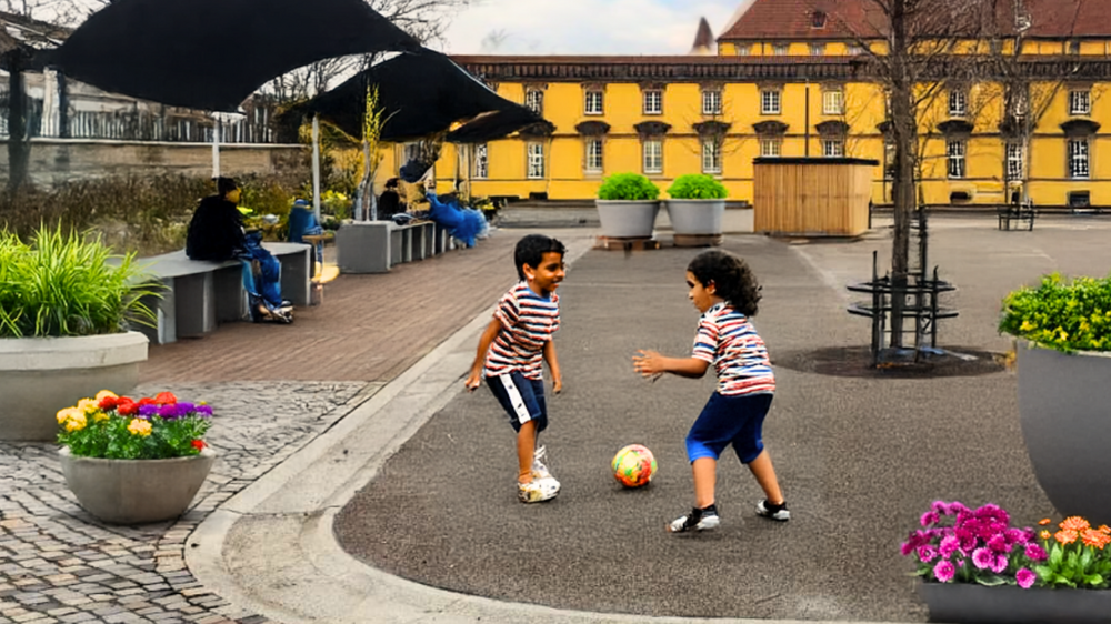Bild vom Ledenhof mit KI-generierten Erweitertungen: Pflanzen, Bänke, Sonnensegel